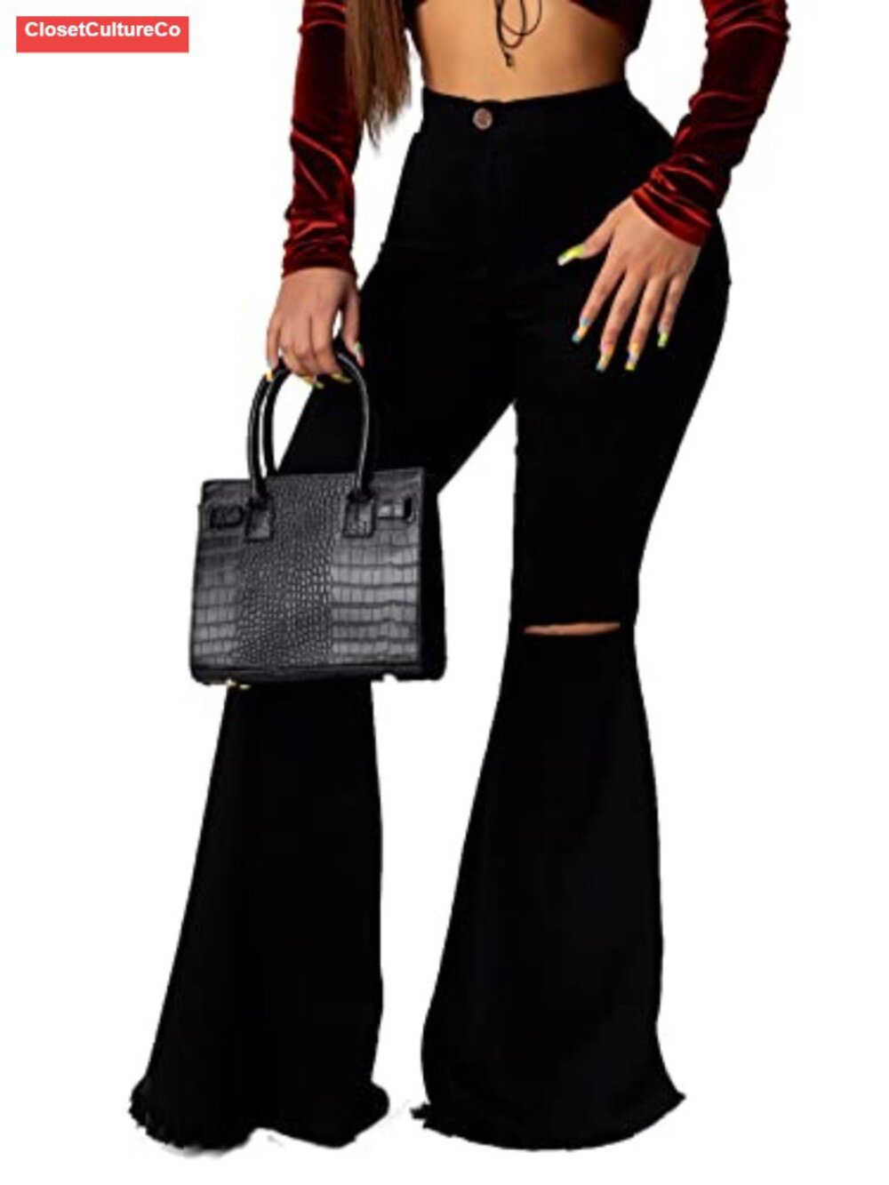 High Waisted Stretchy Ripped Bell Bottom Flare Jeans